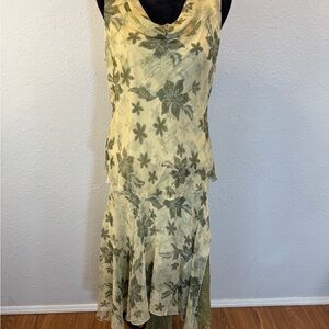 Johnathan Martin Floral Cowl Neck top with Midi skirt Olive and Cream 100% silk